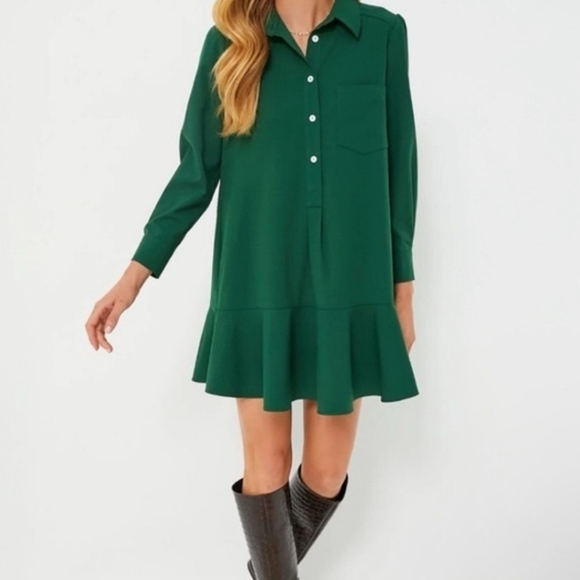 Tuckernuck Dresses & Skirts - Tuckernuck Hunter Green Preppy Crepe Callahan Shirt Mini Dress Quiet Lux Ruffle